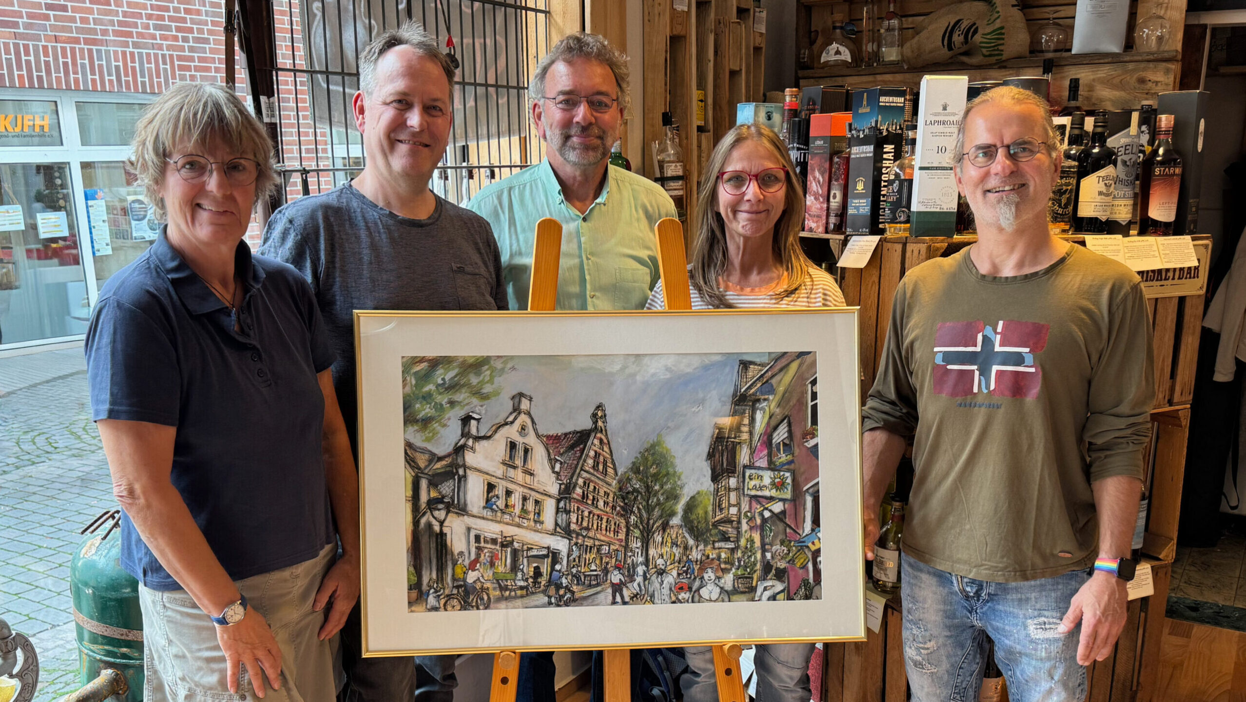 Das OV Sprecherteam übergibt das Wahlkampfmotiv an das Pot Still (Marie van Loey, Thomas Jakobi, Hans-Günther Wilkens, Birgit Badzong, Mirko Badzong).